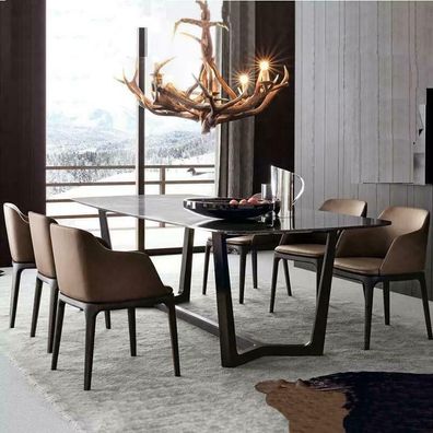 Designer Holz Ess Wohn Zimmer Set Tisch + 6 Lehn Stühle Set Garnitur Polster 7tlg