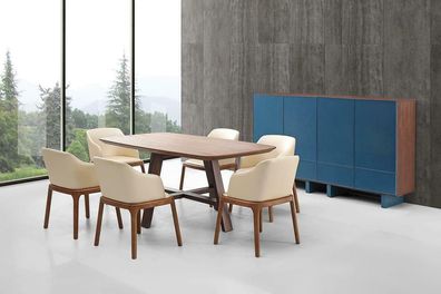 Ess Tisch + 6 Luxus Leder Sessel Stühle Lehn Stuhl Designer Holz Tische Polster