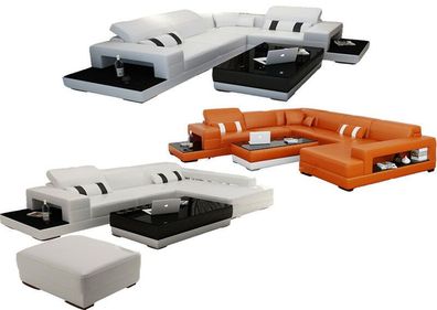 Sofa Couch Wohnlandschaft XXL Couch Ledersofa mit Ottomane Sofagarnitur 2689
