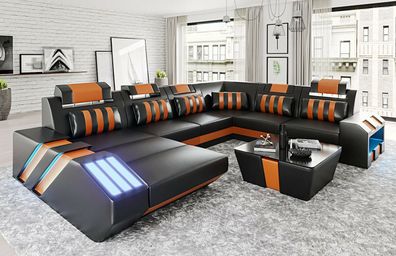 Design Sofa Couch Polster Eck Garnitur Ledersofa Ecksofa Wohnlandschaft Orange