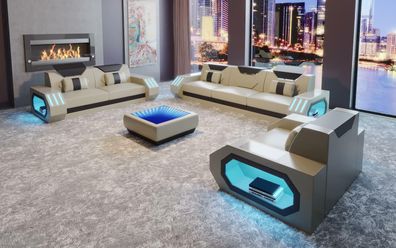 Sofagarnitur Moderne Design Sitz Polster Couch Leder Garnitur 3 + 2 + 1 Set H3 Beige
