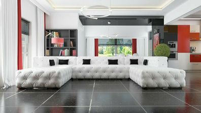 Designer Chesterfield XXL Wohnlandschaft Kristalle Textil Leder Sofa Couch Neu A