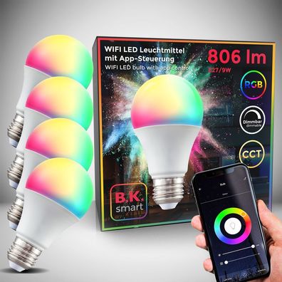 4x LED Smart Leuchtmittel WiFi Lampe dimmbar RGB CCT Birne E27 Alexa Google 9W