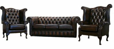 3 tlg. Sofagarnitur 3 Sitzer Couch Ledersofa Chesterfiield + 2x Ohrensessel Neu
