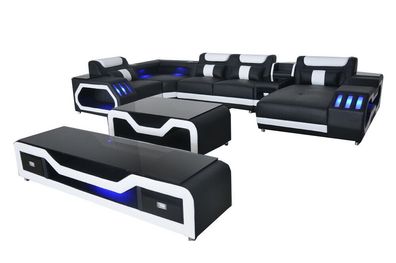 Leder Sofas Eck Garnitur Design Sofa Wohnlandschaft + Couch Tisch + RTV U G8046