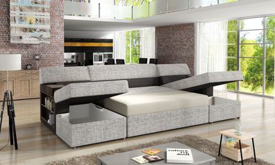 Design Ecksofa Markos U-form Bettfunktion Couch Hochtöner Leder Textil Sofas Neu