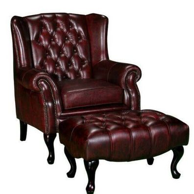 Chesterfield Ohrensessel + Hocker Sessel Couch Polster Set Leder Textil 16101330
