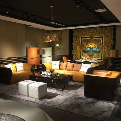 Luxus Designer Sitz Garnitur Sofa Couch Polster Set Holz Leder Textil 3 + 2 + 1 Neu