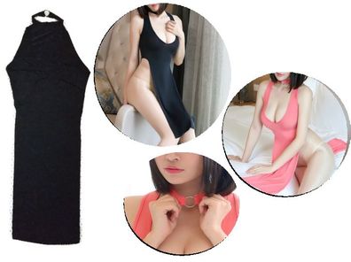 Damen Reizwäsche Dessous Lang Nacht Kleid Nachtwäsche Seitlich Frei Schwarz Rosa