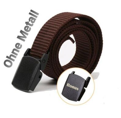 Herren Damen Gürtel Braun Metallfrei Kunststoff Schnalle 120cm Metalllos