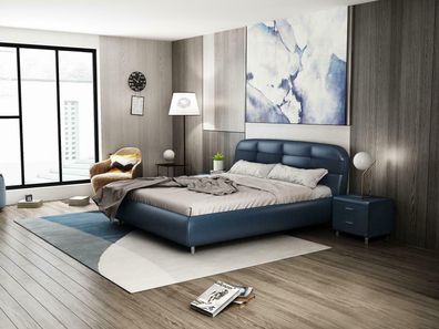 Bett Polster Design Luxus Doppel Hotel Betten 180x200cm Schlaf Zimmer Blau Leder