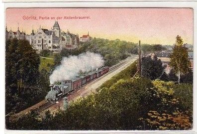 61447 Ak Görlitz Partie an der Aktienbrauerei mit Dampflokomotive 1910