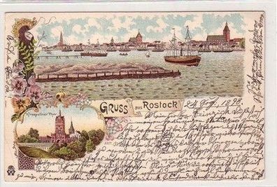 60740 Ak Lithographie Gruß aus Rostock Totalansicht und Kröpeliner Thor 1898