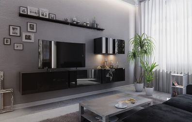 Mediawand Wohnwand 7 tlg - NEXI XL 7 - Schwarz Hochglanz und inkl. LED
