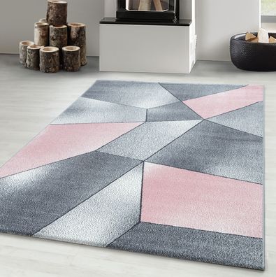 Designer Teppich Modern Kurzflor Abstrakt Geometrisches Design Grau Pink Weiß