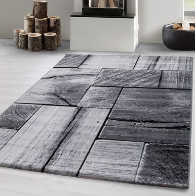 Teppich modern Designer Wohnzimmer Baum Optik Karo Muster Meliert Schwarz Grau