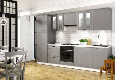 Landhausküche Lora Küchenzeile 300 cm 9-tlg. Landhausstil weiß, beige oder grau