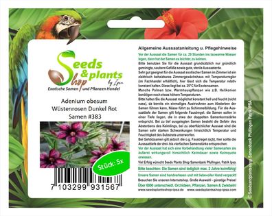 5x Adenium obesum Wüstenrosen Dunkel Rot Zimmerpflanze Samen #383