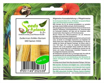 12x Zuckermais Golden Bantam EKO- Mais Samen Saatgut Pflanze Gemüse K415