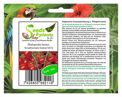 100x Ökologische Samen Kirschtomate Cerise - Samen Gemüse Tomate Garten K372