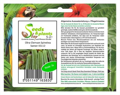 7x Okra Clemson Spineless - Samen Gemüse Pflanze Garten Saatgut KS112