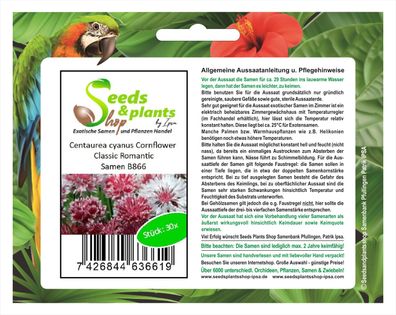 30x Centaurea cyanus Cornflower Classic Romantic Samen Pflanze Saatgut B866