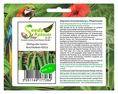 15x Ökologische Samen Buschbohnen- Ökologische Samen Gemüse KS512