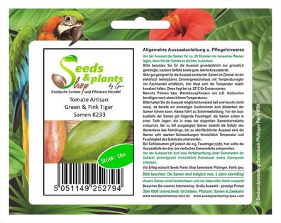 16x Tomate Artisan Green & Pink Tiger Alte Sorte Samen Gemüse K233