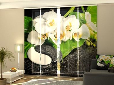 Schiebegardine "Weisse Orchideen und Yin-Yang Steine" Flächenvorhang Gardine mit Foto