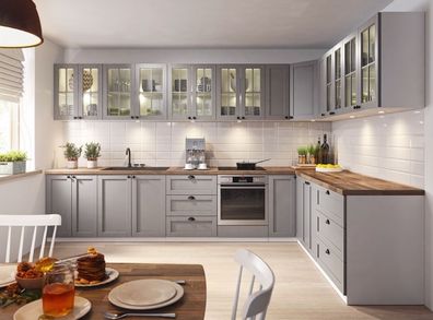 Küche küchenzeile Eckküche Landhaus Lina - grau Soft Close - individuell stellbar