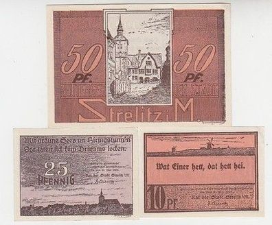 kompl. Serie mit 3 Banknoten Notgeld Reutergeld der Stadt Strelitz um 1922