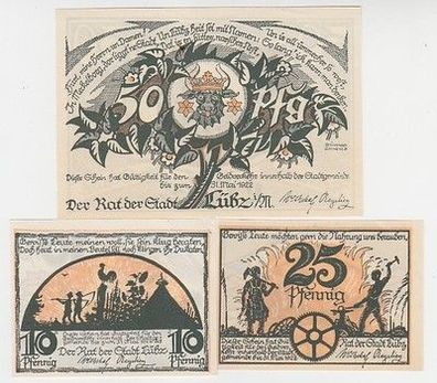 kompl. Serie mit 3 Banknoten Notgeld Reutergeld der Stadt Lübz in Meckl. um 1922