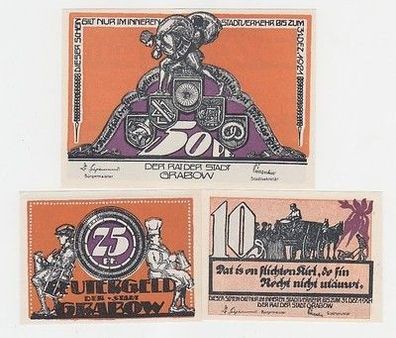 kompl. Serie mit 3 Banknoten Notgeld Reutergeld der Stadt Grabow um 1922