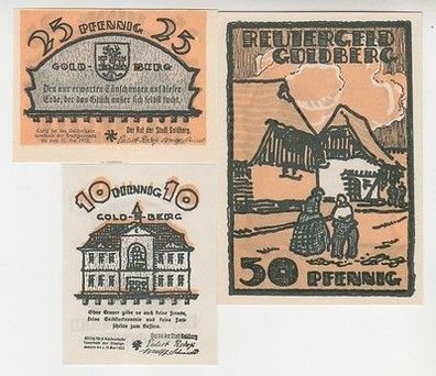 kompl. Serie mit 3 Banknoten Notgeld Reutergeld der Stadt Goldberg um 1922