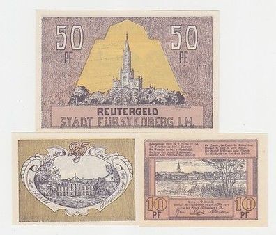 kompl. Serie mit 3 Banknoten Notgeld Reutergeld der Stadt Fürstenberg um 1922
