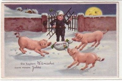 61220 Neujahrs Ak Schornsteinfeger mit Geldsack und 3 Glücksschweinen 1940