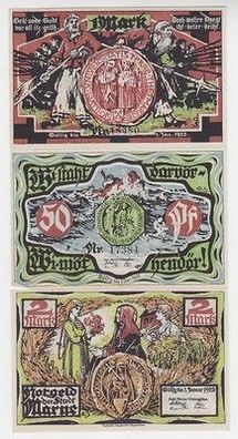 kompl. Serie mit 3 Banknoten Notgeld Stadt Marne um 1921