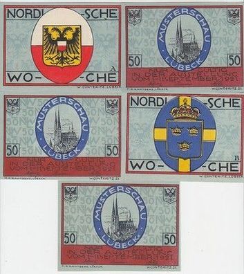 kompl. Serie mit 5 Banknoten Notgeld Nordische Woche Lübeck 1921