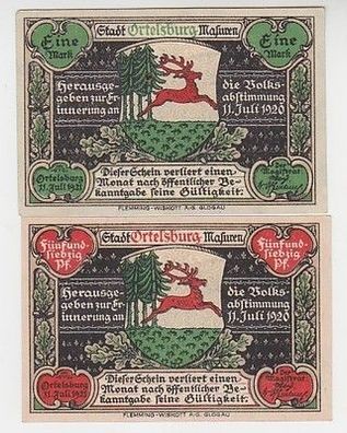 2 Banknoten Notgeld Stadt Ortelsburg in Ostpreussen 1921