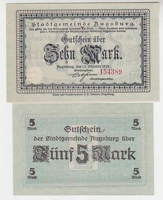 2 Banknoten 5 und 10 Mark Notgeld Gemeinde Augsburg 1918