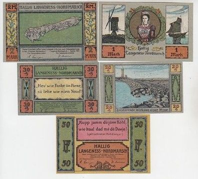 kompl. Serie mit 5 Banknoten Notgeld Hallig Langeness Nordmarsch 1921