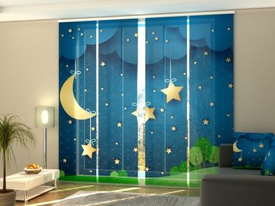 Schiebegardine "Mond und Sterne" Flächenvorhang Gardine Vorhang mit 3D Druckmotiv