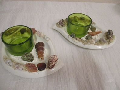 Teelichthalter Grün Weiß Handarbeit Muscheln auf eine Steingut-platte 2 Stück