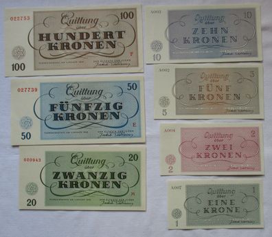 7 Banknoten 1 bis 100 Kronen Ghetto Theresienstadt 1943 UNC (100189)
