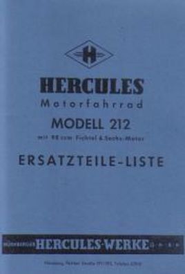 Ersatzteilliste Hercules Modell 212 mit 98 ccm Fichtel & Sachs Motor, Oldtimer
