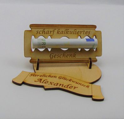 Geschenk für Männer, Rasierklinge Geldgeschenk aus Holz, Personalisiert scharf