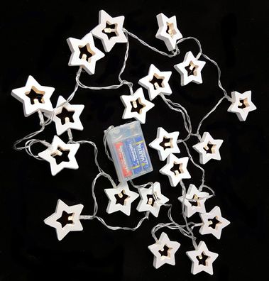 Holz Lichterkette mit 20 LED - Motiv: Stern - Sternen Lichterkette Batterie weiß
