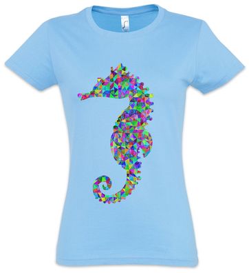Colored Sea Horse Damen T-Shirt Comic Look Rave Techno Dance Party Seepferdchen