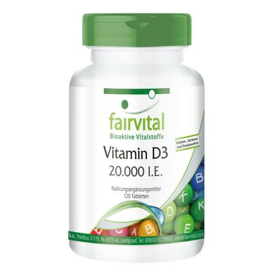 Vitamin D3 20000 I.E. 120 Tabletten, als Cholecalciferol - hochdosiert - fairvital