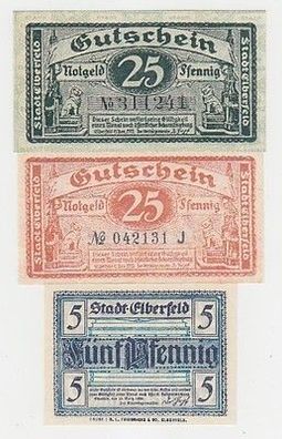 kompl. Serie mit 3 Banknoten Notgeld Stadt Elberfeld 1919
